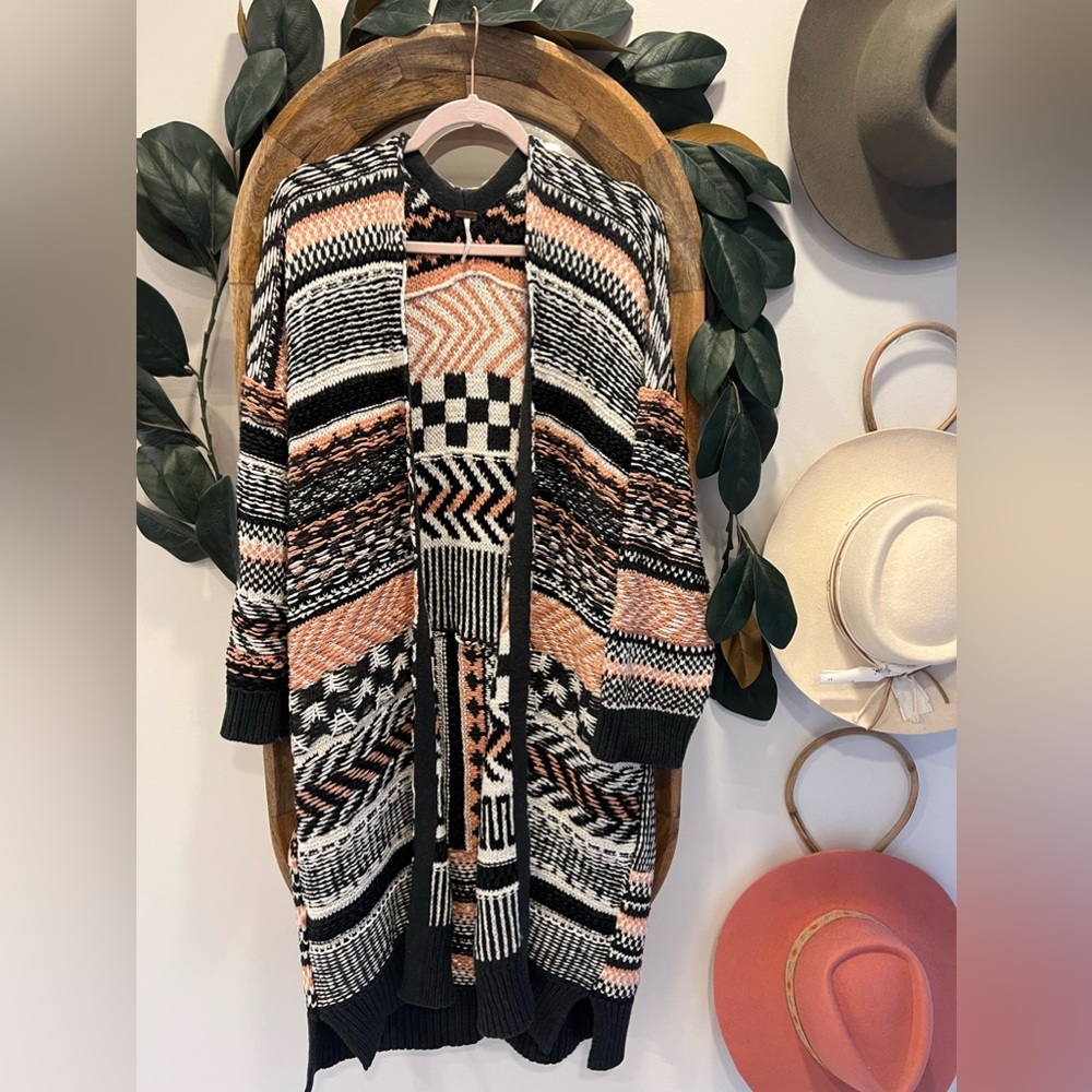 Free People Black and Orange Patterned Cardigan